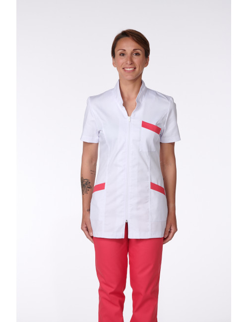 Blouse Médicale, Femme, Bicolore, Trendy, couleur Coconut / Framboisine, vue de face, Camille Lavandie (2611)