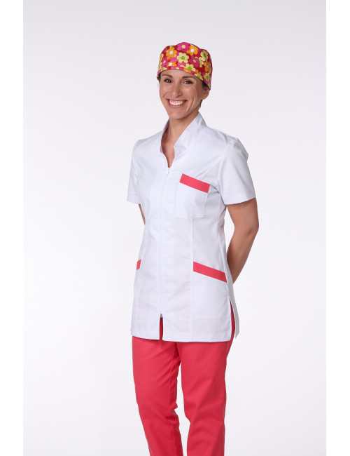 Blouse Médicale, Femme, Bicolore, Trendy, couleur Coconut / Framboisine, vue de face, Camille Lavandie (2611)