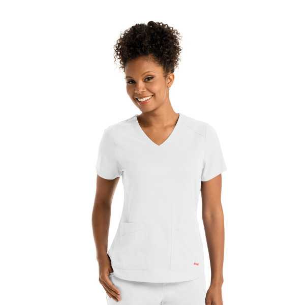 Blouse médicale femme, couleur blanc vue de face, collection "Grey's Anatomy Stretch" (GRST011-)
