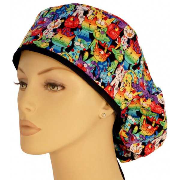 Calot médical Cheveux Longs "Arc en Ciel Chats" (815-8796-BL) face