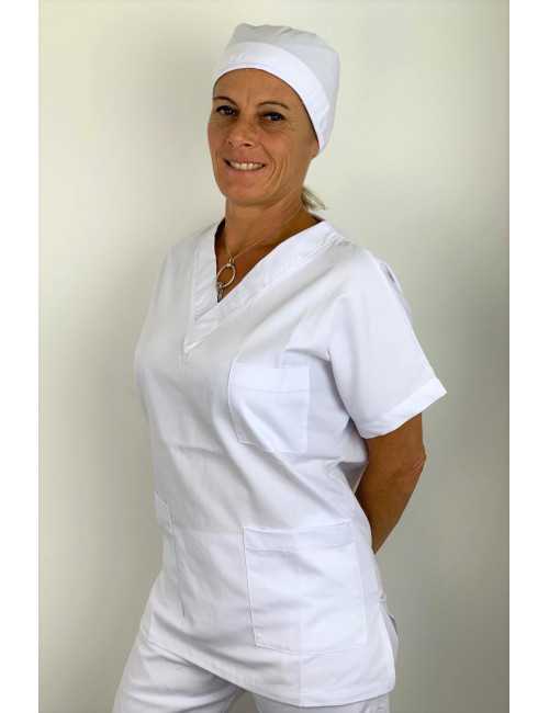 Blouse médicale blanche Unisexe, Lavage 60 degrés (CH12) vue femme avec calot droite