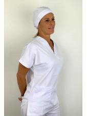 Blouse médicale blanche Unisexe, Lavage 60 degrés (CH12) vue femme avec calot gauche