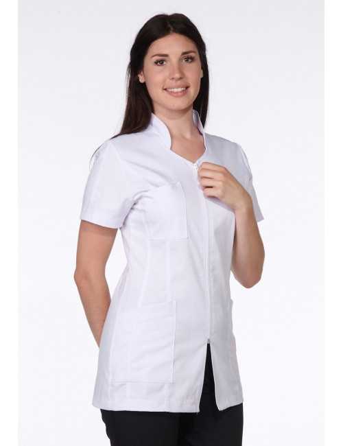 Blouse Médicale Blanche, Femme, Fermeture éclair, Camille Lavandie (2617WHW) modèle cheveux longs 4