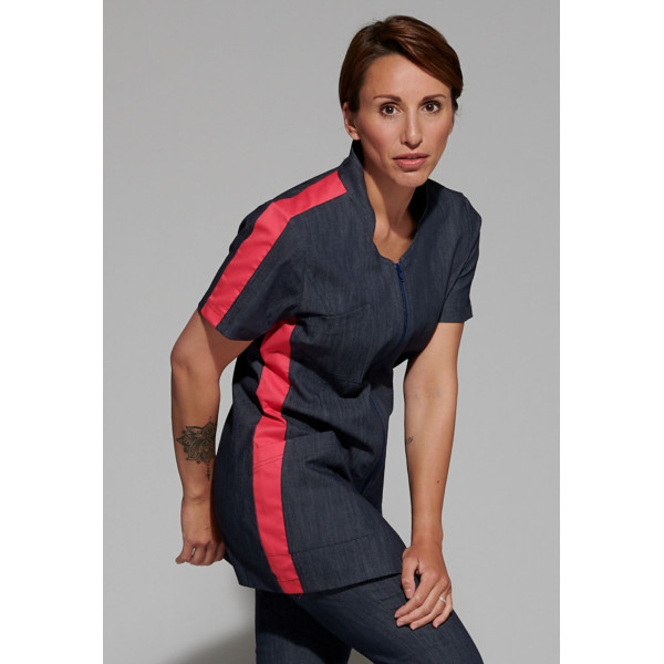 Blouse Médicale Denim Bicolore, Femme, Fermeture éclair, Camille Lavandie (2617DNR) vue coté