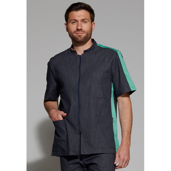 Blouse Médicale Denim Bicolore, Homme, Fermeture éclair, Camille Lavandie (2622DNA)