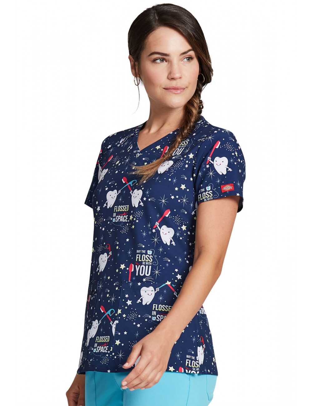 Women's Medical Gown Printed Dentist Navy Blue (DK616)