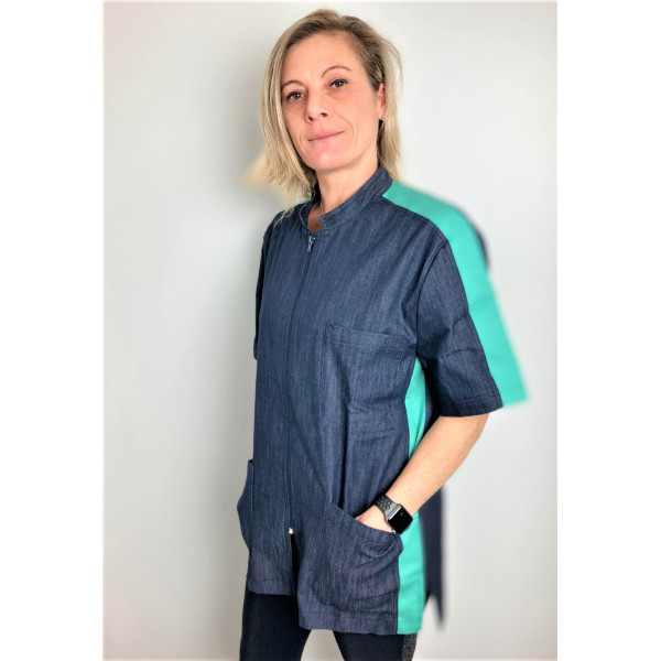 Blusa médica vaquera bicolor, hombre, cremallera, Camille Lavandie (2622DNA)