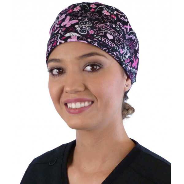 Medical cap "Pink ribbons on black" (210-8555)
