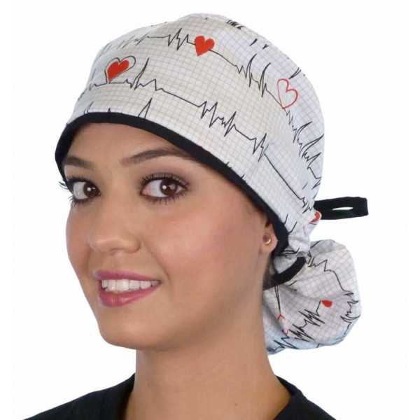 Medical cap Long Hair "Heartbeat white background" (815-8487-BL)