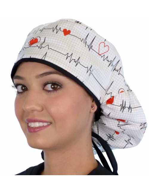 Medical cap Long Hair "Heartbeat white background" (815-8487-BL)