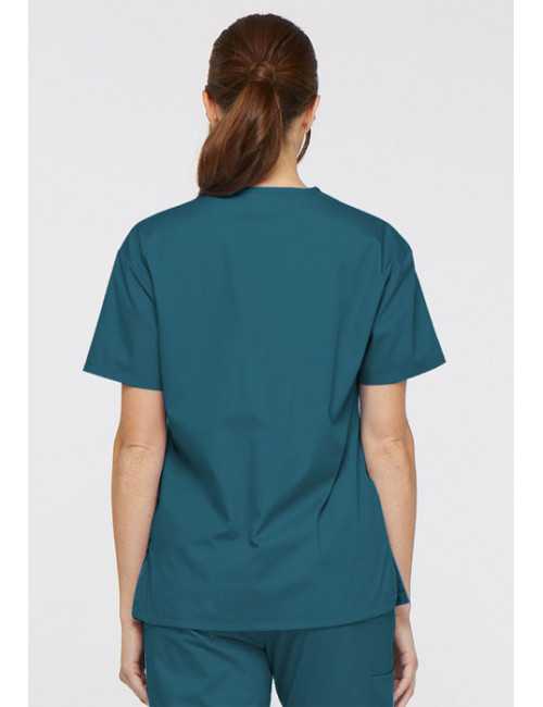 Blouse médicale Col V Femme, Dickies, 2 poches, Collection "EDS signature" (86706), couleur vert caraïbe, vue modèle dos