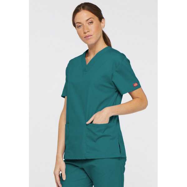 Blouse médicale Col V Femme, Dickies, 2 poches, Collection "EDS signature" (86706), couleur teal blue, vue modèle coté droit