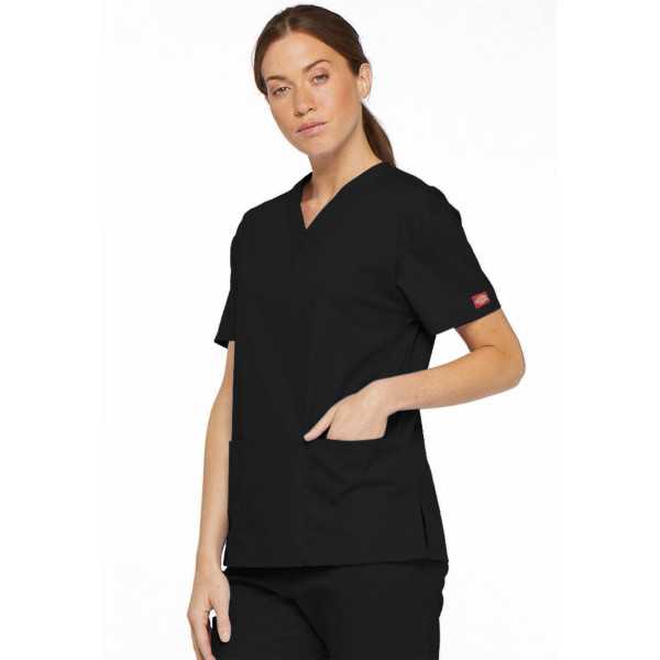 Blouse médicale Col V Femme, Dickies, 2 poches, Collection "EDS signature" (86706), couleur noire, vue modèle coté droit