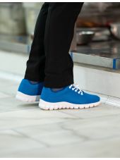 Baskets médicales , Oxypas "Kassie" de couleur bleu de coté porté(Kassie01)