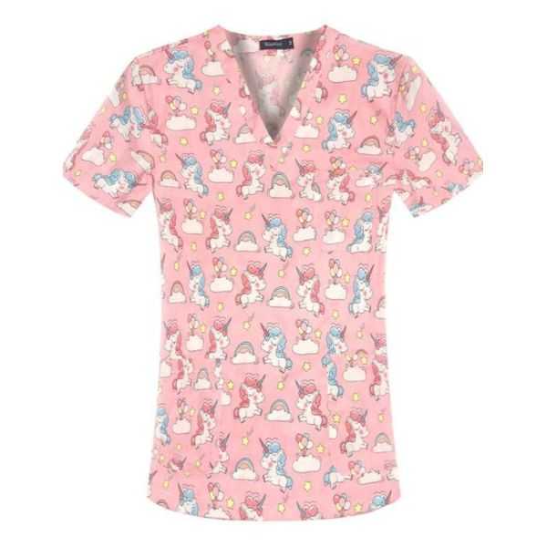 Blouse médicale imprimée Unisexe "Licorne sur fond rose" (62040)