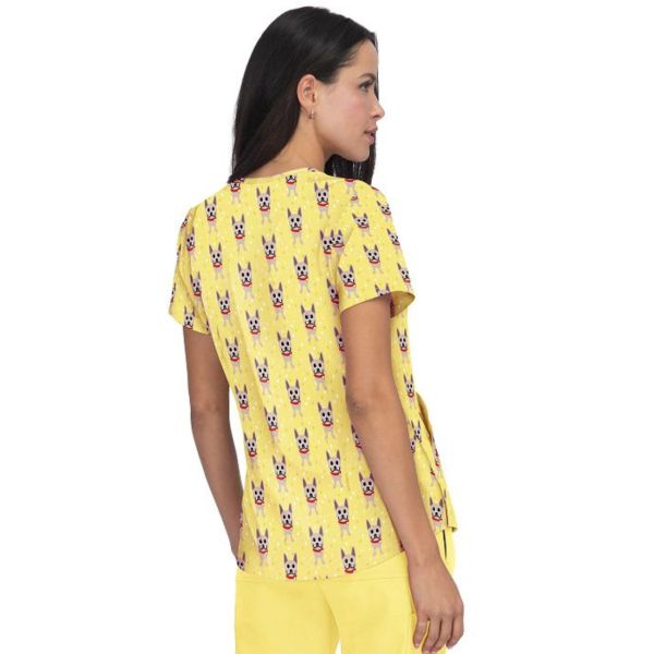 Blouse médicale originale Femme "Chiens sur fond jaune", Collection Koi, de dos (F101PR-FCH)