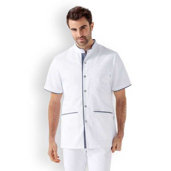 Blouse médicale Unisexe "Charlie", Clinic Dress blanc bleu jean homme fermé