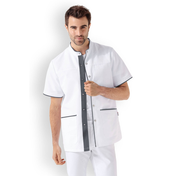 Blouse médicale Unisexe "Charlie", Clinic Dress blanc gris homme ouvert Blouse médicale Unisexe "Charlie", Clinic Dress blanc gris homme ouvert