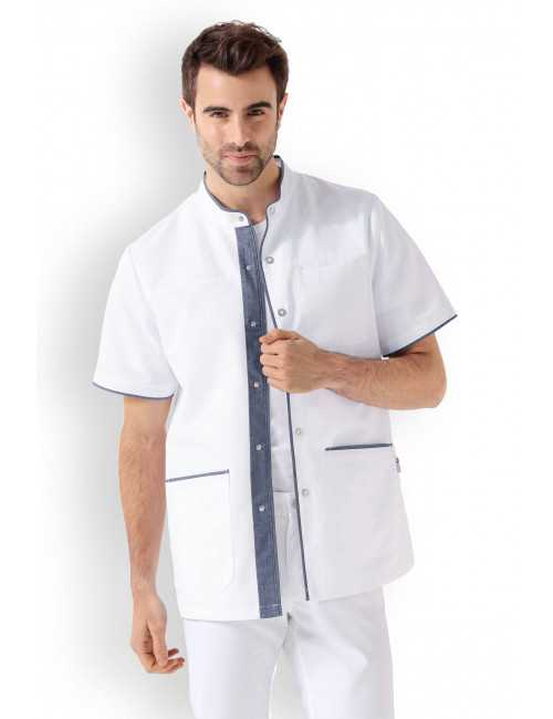 Blouse médicale Unisexe "Charlie", Clinic Dress blanc bleu jean ouvert 