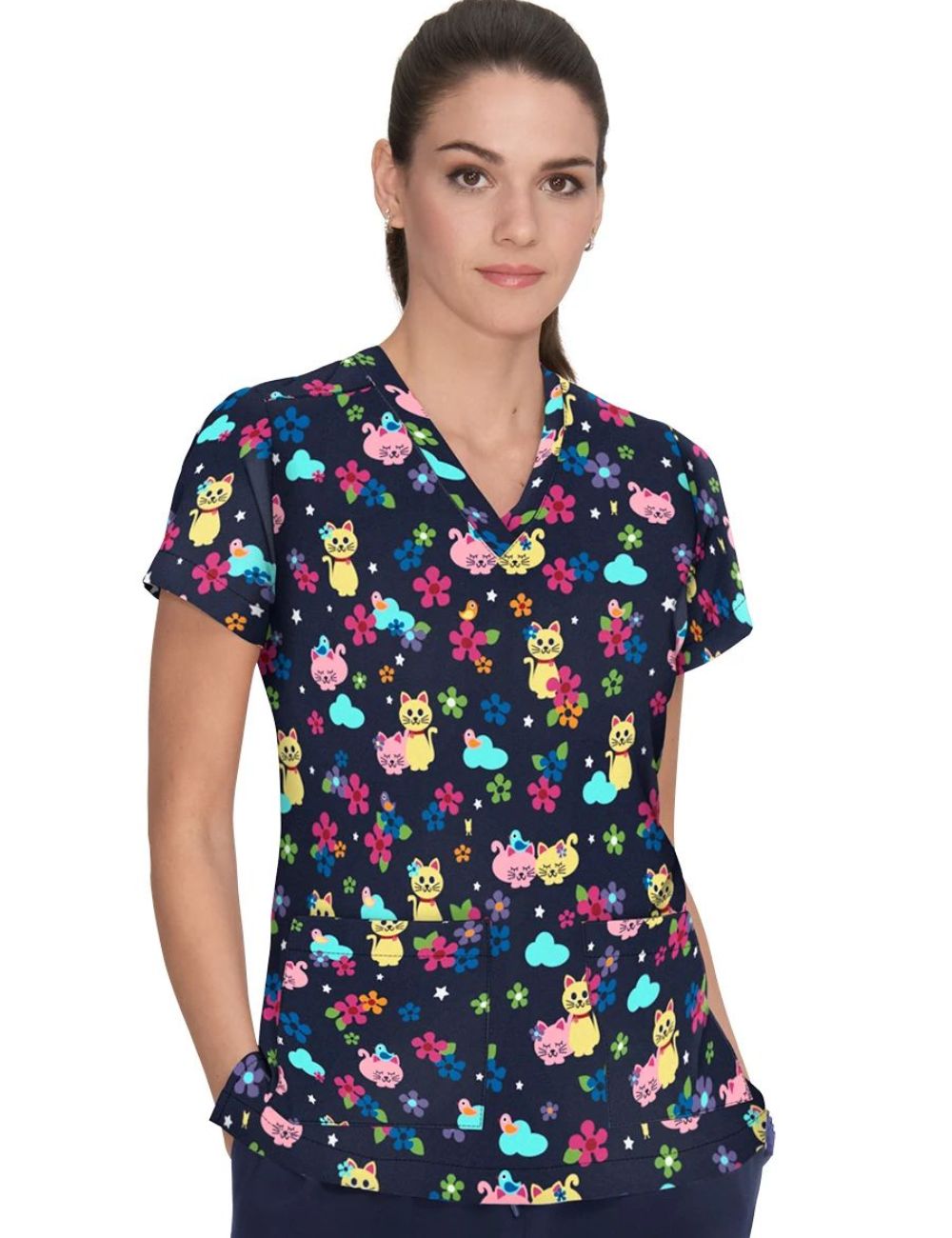 Women's "Lama" printed medical gown on a green background, Koi Collection (F101PRSLM)