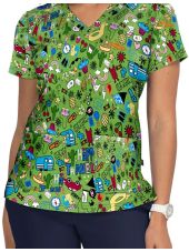 Original female medical gown "travel on green background", (F100PR-HTV)