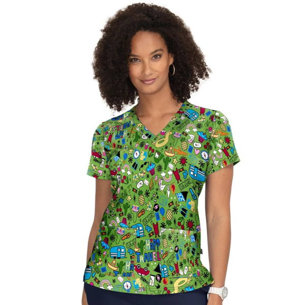 Blouse médicale originale Femme "voyage sur fond vert", (F100PR-HTV)