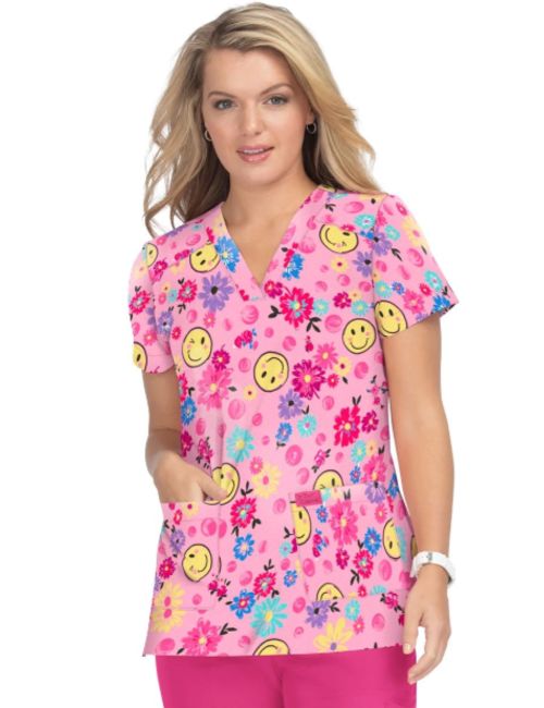 Women's Original Medical Gown "Smileys and flowers " on pink background, Koi Collection (B120PR-ASD)