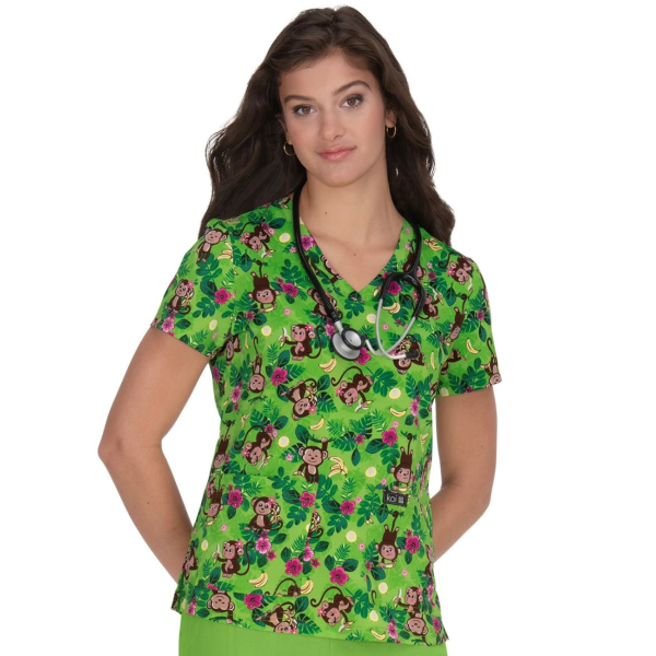 Blouse médicale originale Femme "Singe sur fond vert", (384PR-MKB)