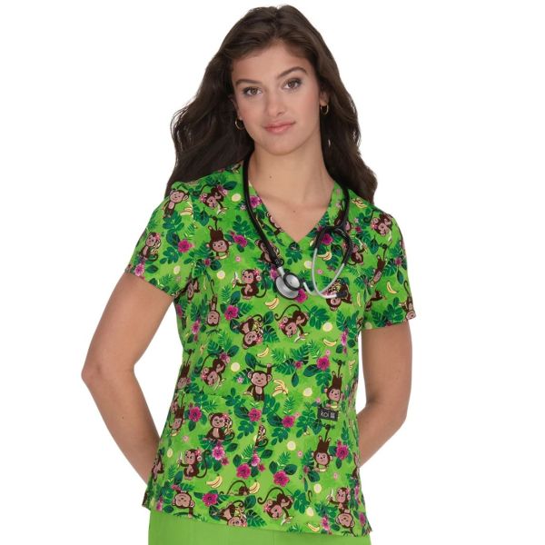 Original female medical gown "travel on green background", (F100PR-HTV)