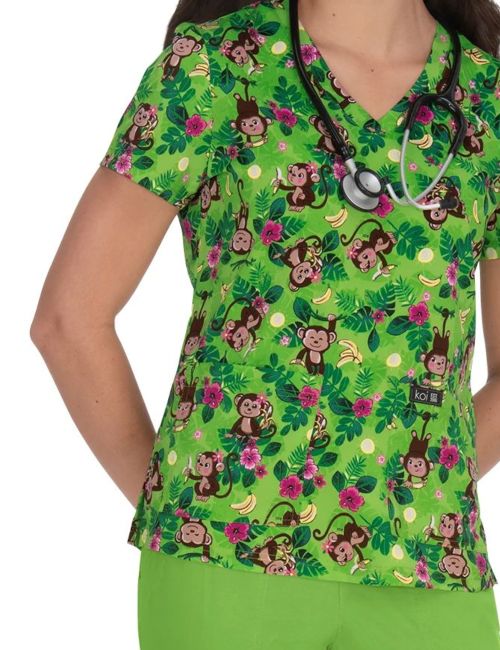 Original female medical gown "travel on green background", (F100PR-HTV)