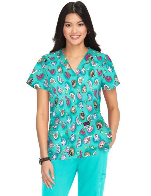 Women's medical blouse dogs and cats buoys on blue background, Koi Collection (B120PR-PPY)