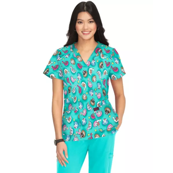 Bata médica de mujer perros y gatos boyas sobre fondo azul, colección Koi (B120PR-PPY)