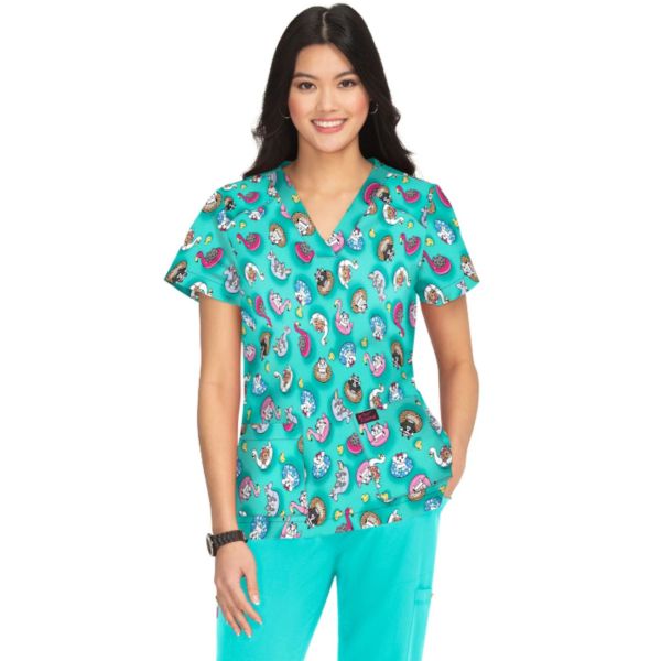 Women's medical blouse dogs and cats buoys on blue background, Koi Collection (B120PR-PPY)