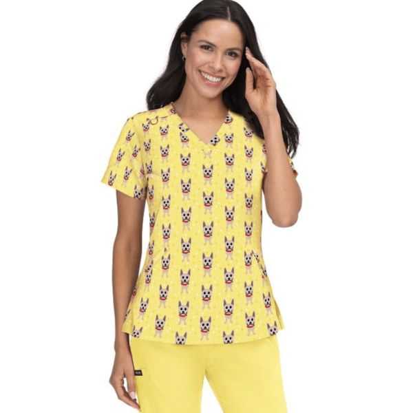Women's Original Medical Gown "Dogs on yellow background ", Koi Collection (F101PR-FCH)