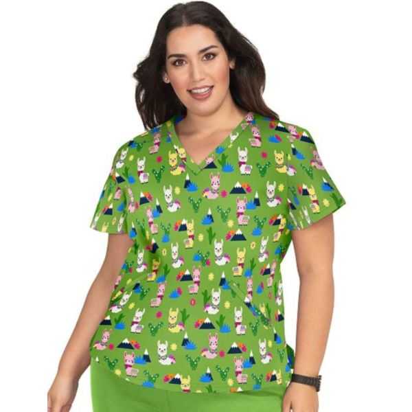 Women's "Lama" printed medical gown on a green background, Koi Collection (F101PRSLM)