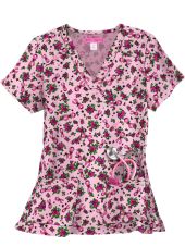 Bata médica de mujer con smileys y flores sobre fondo rosa, colección Koi (B120PR-ASD)