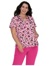 Bata médica de mujer con smileys y flores sobre fondo rosa, colección Koi (B120PR-ASD)