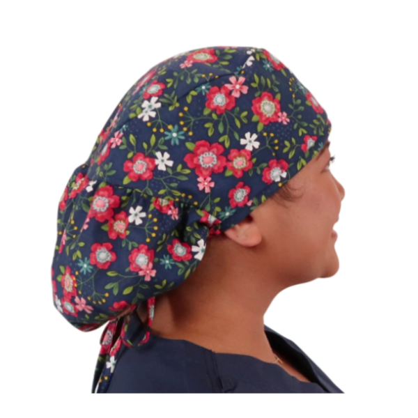 Calot médical Cheveux Longs "Fleurs sur fond  bleu marine" (815-9022)