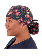 Calot médical Cheveux Longs "Fleurs sur fond  bleu marine" (815-9022)