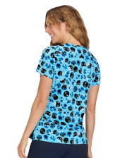 Blouse médicale femme imprimée "Chats et fleurs bleues" (1122PRA-BFC)