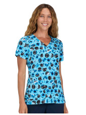 Blouse médicale femme imprimée "Chats et fleurs bleues" (1122PRA-BFC)
