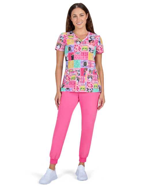 Women's medical blouse printed "Cats and blue flowers" (1122PRA-BFC)