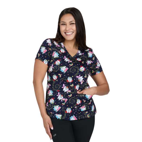 Blusa médica para mujer con estampado de "dientes mágicos" (384PR-TOH)