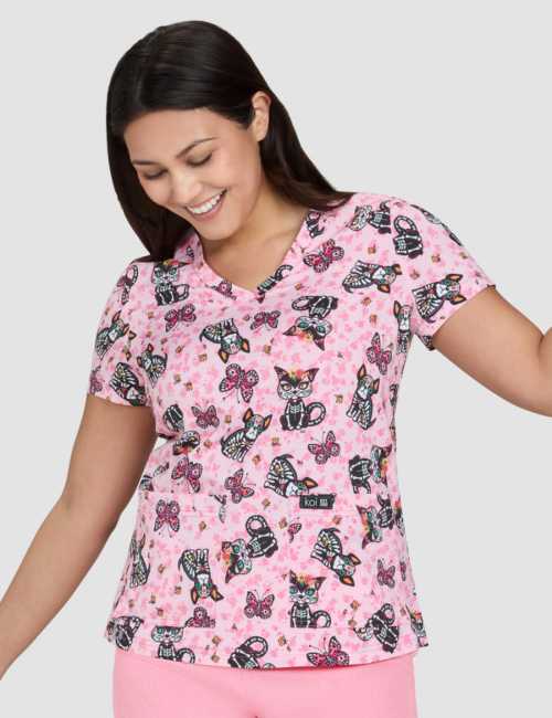 Blouse médicale originale femme "Chiens sur fond rose" (384PR-SSC)