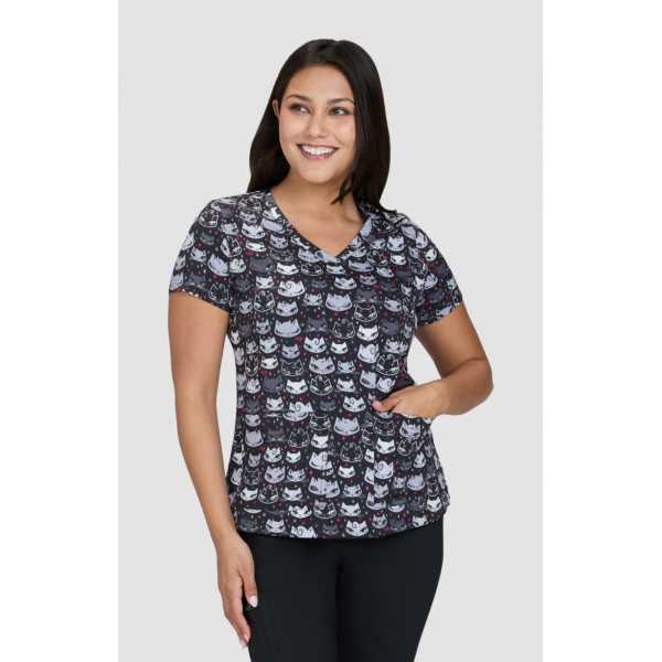 Blouse médicale originale femme "Chats sur fond noir" (384PRA-BLC)