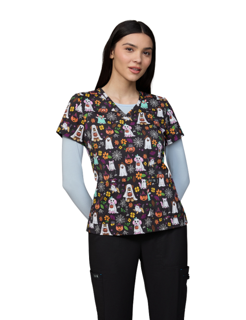Women's Printed Scrub Top "Ghostly Creatures" (384PR-GCR)