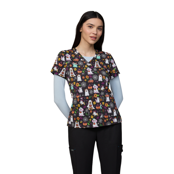 Women's Printed Scrub Top "Ghostly Creatures" (384PR-GCR)