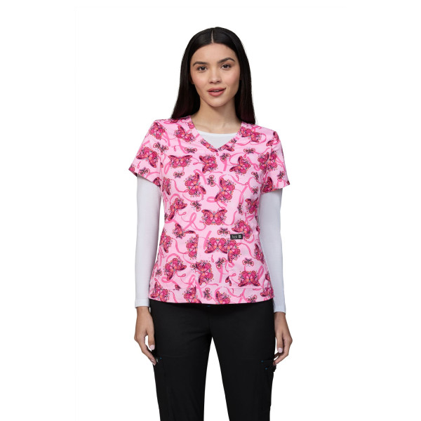Blouse médicale femme imprimée "Rubans Roses" Octobre rose (384PRM-FRO)