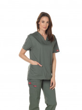 Blouse médicale Col V Femme, Dickies, 2 poches, Collection "EDS signature" (86706), couleur vert olive, vue modèle coté droit 2