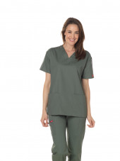 Blouse médicale Col V Femme, Dickies, 2 poches, Collection "EDS signature" (86706), couleur vert olive, vue modèle face